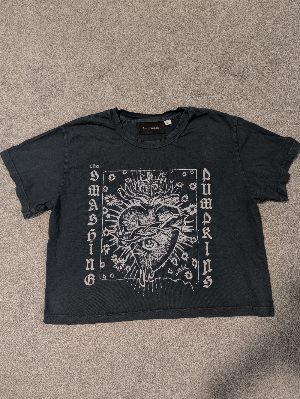 Smashing Pumpkins Graphic Crop Tee Small Washed Grey Distressed Sacred Heart Ba